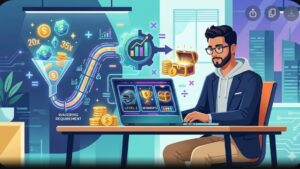 Иллюстрация с математическими символами и игровыми слотами для статьи о бонусах и вейджерах.