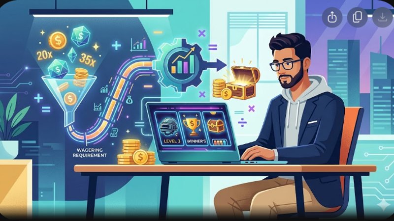 Иллюстрация с математическими символами и игровыми слотами для статьи о бонусах и вейджерах.